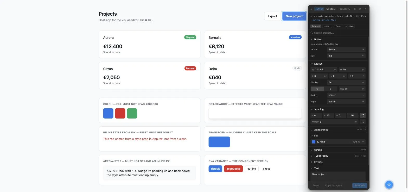 The visual editor open on a demo app: a button is selected on the page and the styles panel on the right shows its component variants, layout, spacing and fill.