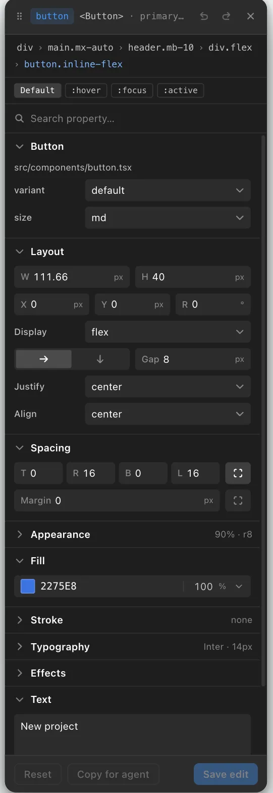 The full styles panel: breadcrumb, state tabs, component variants, layout, spacing, fill, stroke, typography, effects and the element's text. Three callouts point at the state tabs, at the variant and size dropdowns, and at the Save edit button.